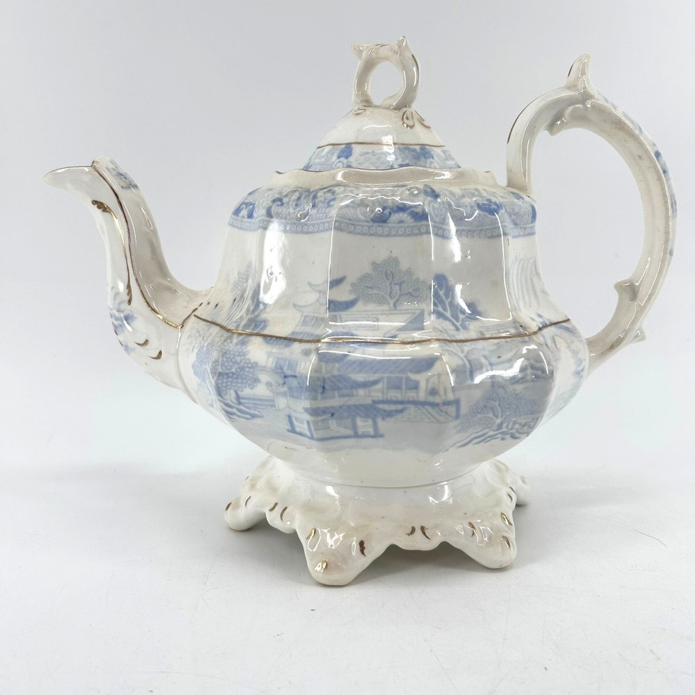 Antique Ridgway Flow Blue Willow Chinoiserie Pagoda Scene Teapot Gold Accents